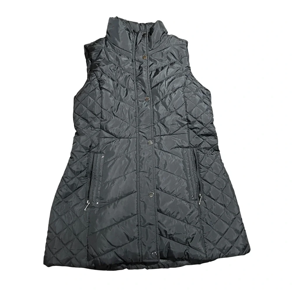 Weatherproof Womens Black Quilted Puffer Vest Longline Snap Front Small S/CH - Picture 2 of 9
